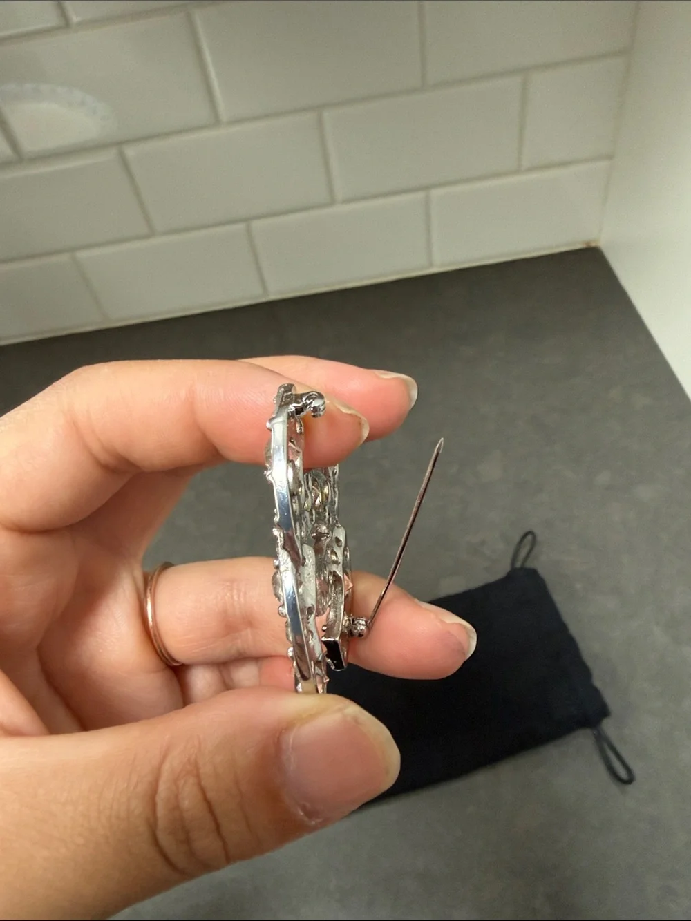 CHANEL CC Silver Logo Brooch Pin Vintage with Crystals 2005